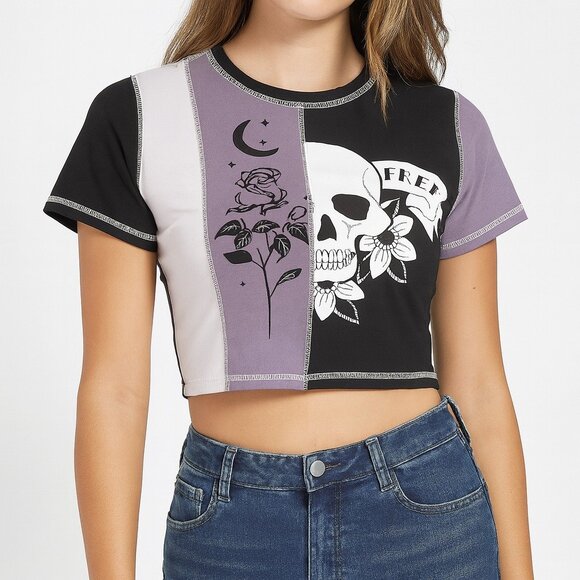 romwe womens skull rose Free short sleeve crop top size M - Picture 1 of 4